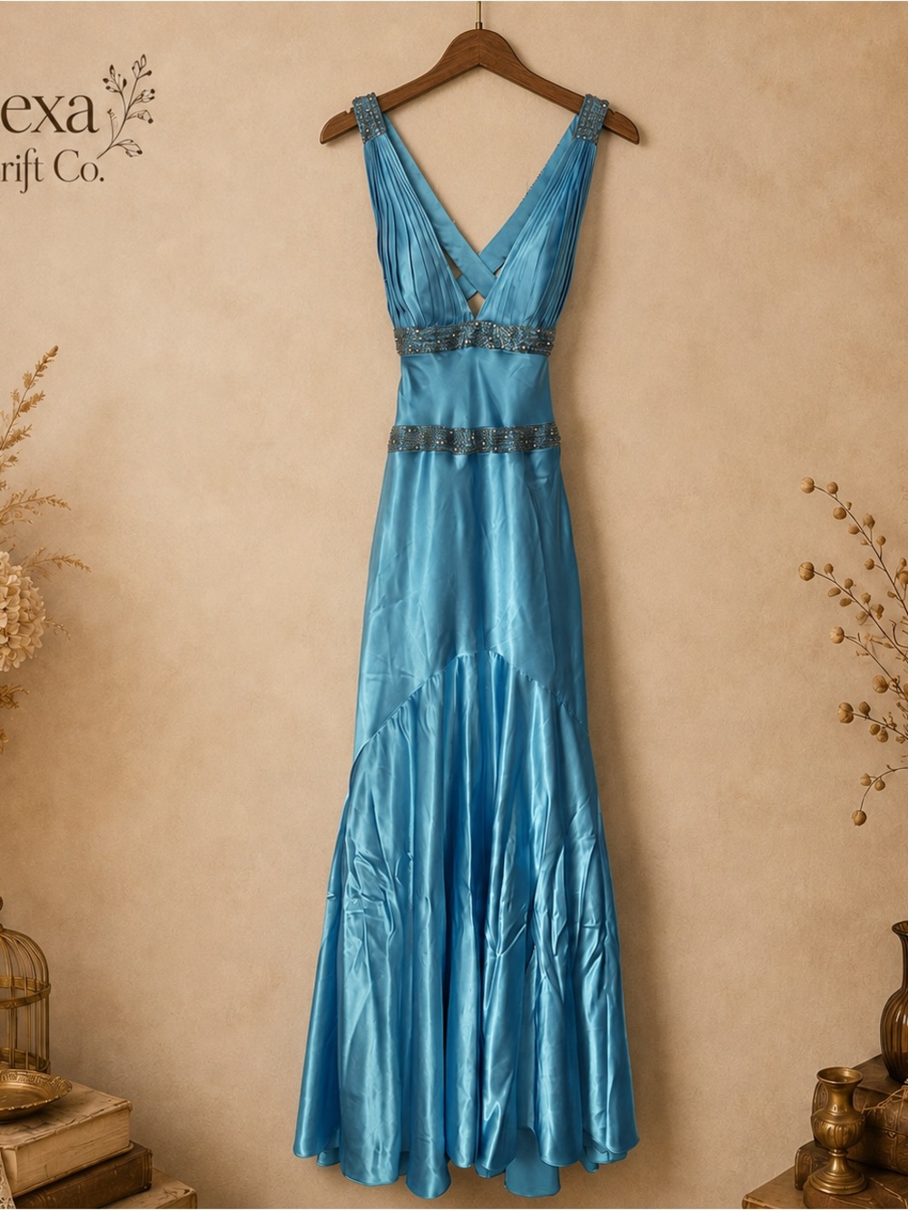 Sky Blue Satin V-Neck Maxi Dress with Beaded Waist